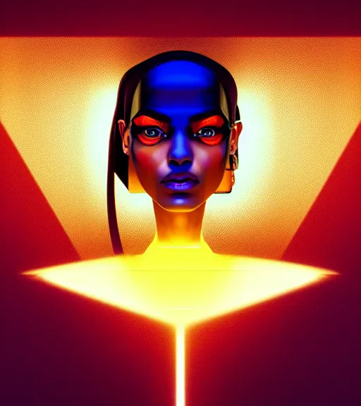 Image similar to symmetry!! egyptian goddess of technology, solid cube of light, hard edges, product render retro - futuristic poster scifi, lasers and neon circuits, brown skin beautiful egyptian goddess, intricate, elegant, highly detailed, digital painting, artstation, concept art, smooth, sharp focus, illustration, dreamlike, art by artgerm