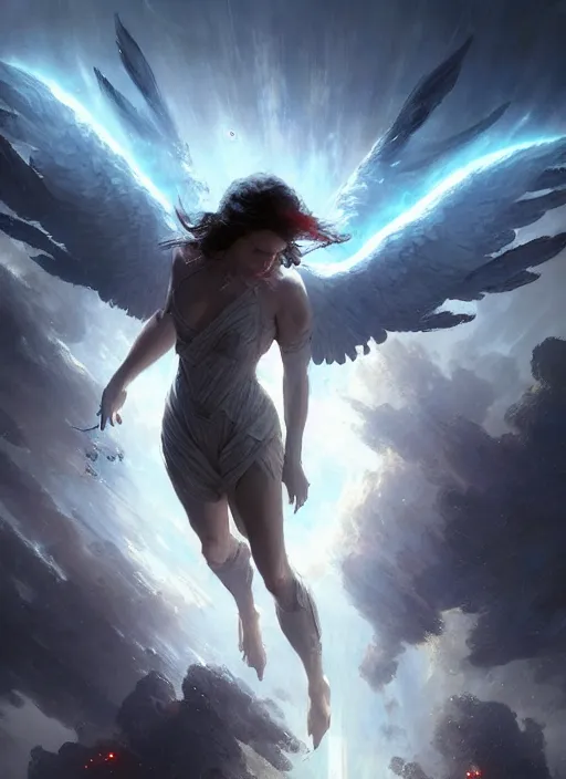 Image similar to 4k Angel coming down to save humanity , art by greg rutkowski, art by craig mullins, art by thomas kincade, art by Yoshitaka Amano