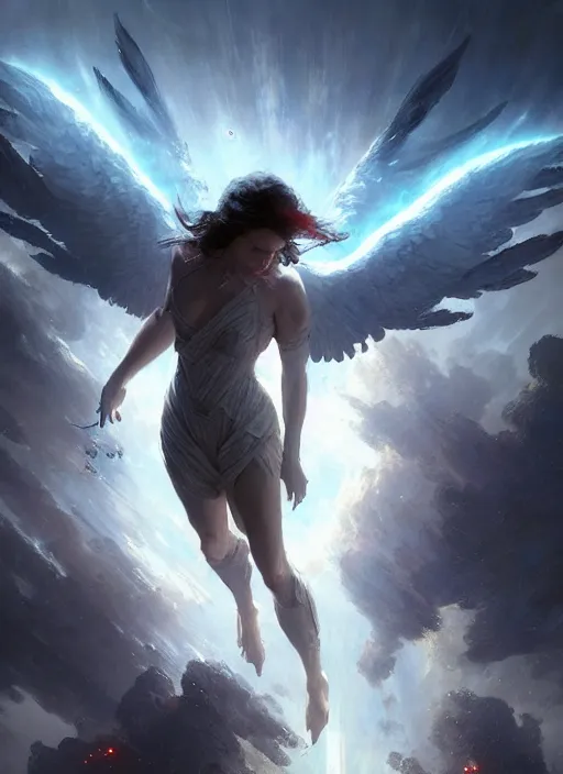 Prompt: 4k Angel coming down to save humanity , art by greg rutkowski, art by craig mullins, art by thomas kincade, art by Yoshitaka Amano