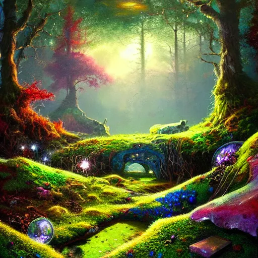 Prompt: a fantastic painting of the most beautiful vivid jewels and gemstones scattered through moss covered mounds of old earth. kinkade, eggleton. trending on artstation