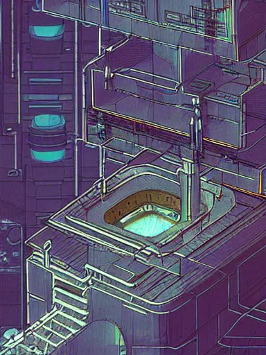 Image similar to horizontal view, cyberpunk, animation concept art, studio ghibli style, clear reflection, full page scan of 3 0 0 0 s detailed concept art, cyberpunk, mathematics and geometry, architecture, sewage system, urban section, floor plan, architectural section, post apocalyptic, desaturated, summer feeling