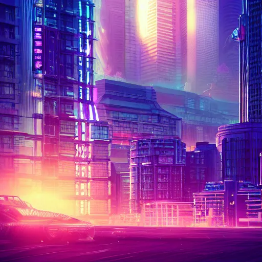 Image similar to a cityscape, synthwave aesthetics, detailed illustration, octane render, god rays, intricate, epic lighting, cinematic composition, hyper realistic, 8 k resolution, unreal engine 5, by artgerm, tooth wu, dan mumford, beeple, wlop, artstation