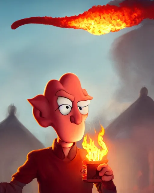 Prompt: wide shot, detailed photorealistic ( ( cartoony ) ) face, squidward, wearing fire nation clothing and practicing firebending outside at susnset, [ greg rutkowski ]