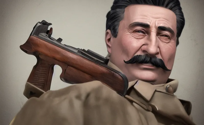 Prompt: happy realistic josef stalin holding a colt model 1 8 6 0 8 k, hyper detailed, 2 0 k, realistic, product lighting, by onesal, by sixnfive, behance 3 d, studio photography dslr, photoreal epic composition