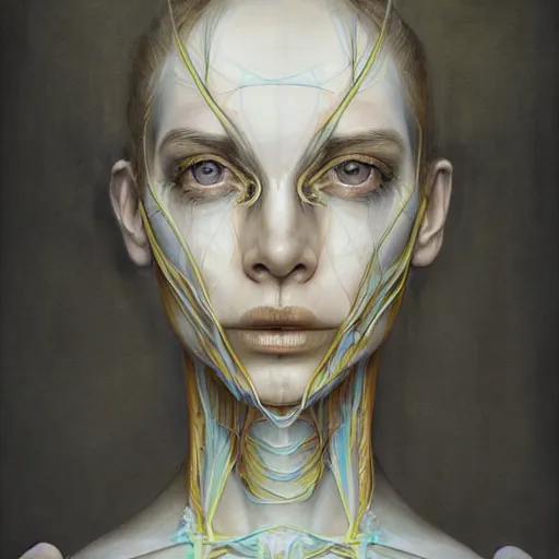 Image similar to masterpiece portrait woman, bones and veins, yellow, marco mazzoni, zdzislaw beksinksi