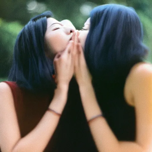 Prompt: two beautiful asian models kissing with no kimono, cinestill, photography