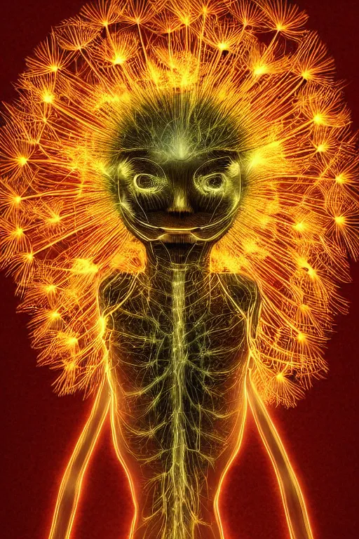 Image similar to glowing luminescent dandelion humanoid figure monster, symmetrical, highly detailed, digital art, sharp focus, trending on art station, amber eyes, autumnal colours