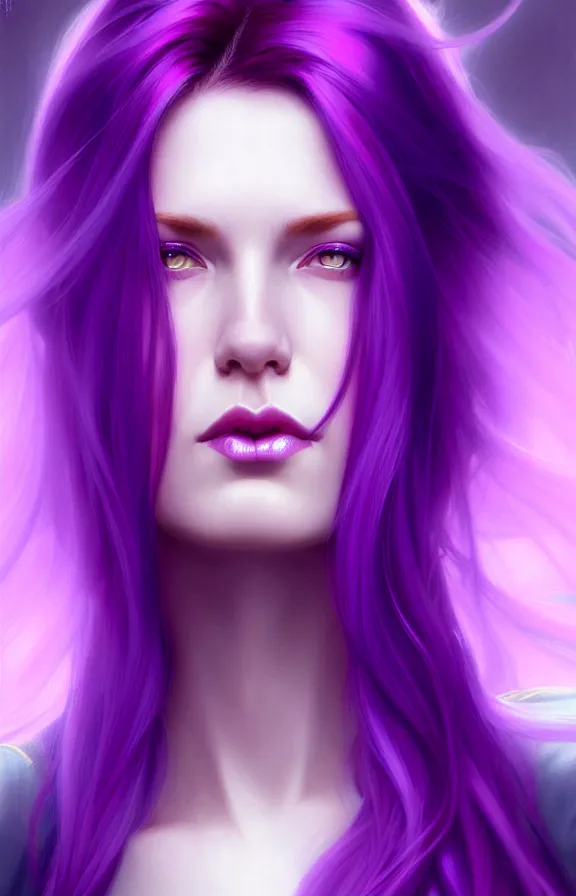 Prompt: Purple hair relistic Portrait of a woman with bright colored hair, all shades of purple. Hair coloring, long hair, blue eyes, fantasy, intricate, elegant, highly detailed, digital painting, artstation, concept art, smooth, sharp focus, illustration, art by artgerm and greg rutkowski and alphonse mucha