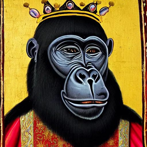 Prompt: medieval royal painting of a regal gorilla wearing a crown, 4 k, high resolution, still, landscape, hd, dslr, hyper realistic