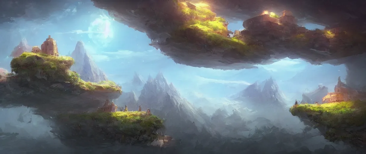 Image similar to floating islands in sky, concept art, low angle, cinematic, style of jordan grimmer