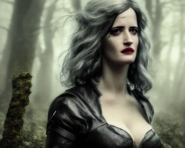 Image similar to 5 5 mm portrait photo of a real life tough looking eva green as ciri in leather armor with silver hair and a large scar along her left cheek, in a magical forest. dark atmosphere. art by greg rutkowski. highly detailed 8 k. intricate. lifelike. soft light. nikon d 8 5 0.