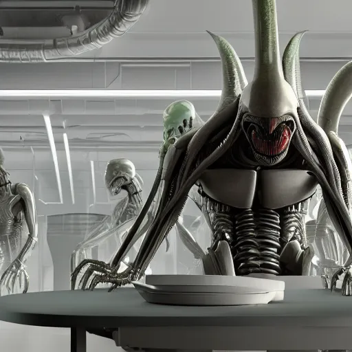 Image similar to cyborg human Xenomorph giant sitting at a table inside the depths of futuristic citadel, amazing 8k character concept art, plant conservatory biolab, fineline detail, cinematic quality, vray 8k render