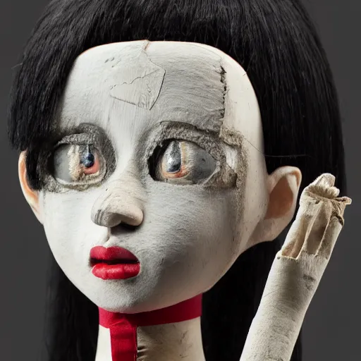 Image similar to a doll with black hair and a white face, a character portrait by kano sanraku, cgsociety, mingei, creepypasta, made of trash, made of cardboard