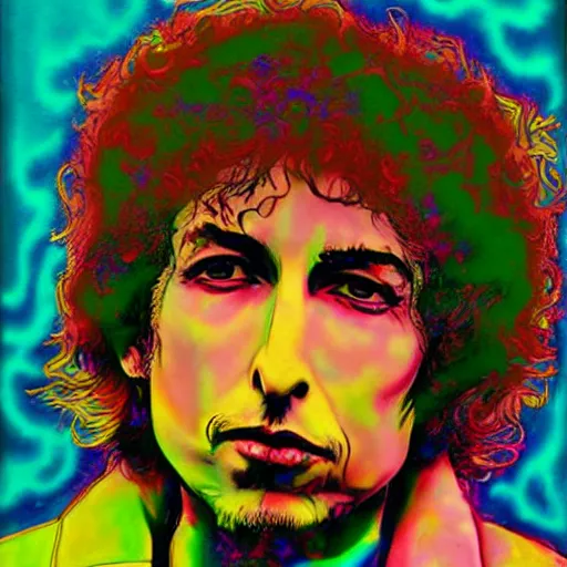 Prompt: simple yet detailed psychedelic portrait bob dylan by alton kelley