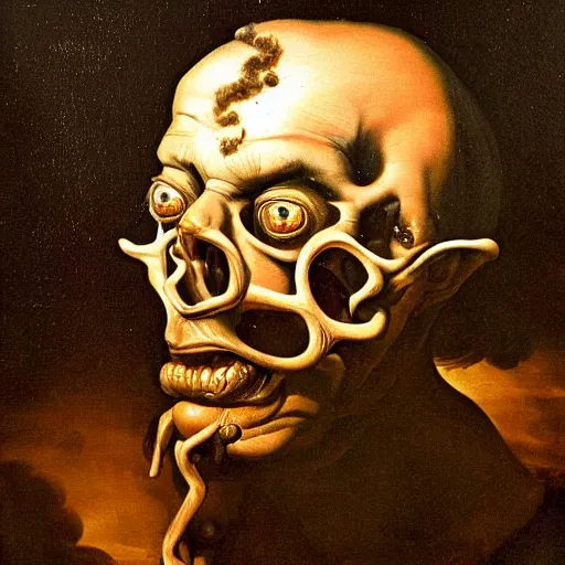 Image similar to oil painting with black background by christian rex van minnen rachel ruysch dali todd schorr of a symmetrical chiaroscuro portrait of an extremely bizarre disturbing mutated man with acne intense chiaroscuro cast shadows obscuring features dramatic lighting perfect composition masterpiece