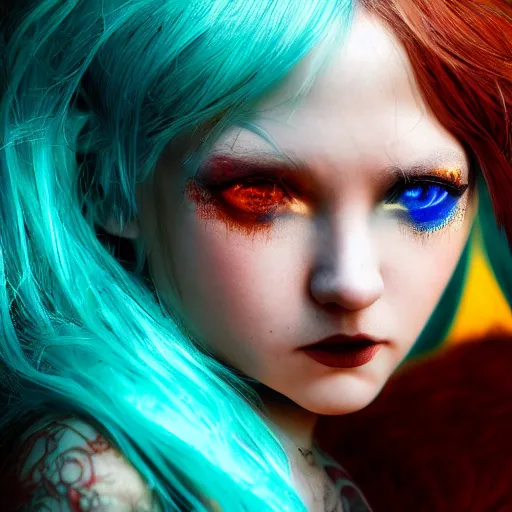 Image similar to The dragon girl portrait, portrait of young girl half dragon half human, dragon girl, dragon skin, dragon eyes, dragon crown, blue hair, long hair, highly detailed, cinematic lighting, by Gaspar Noe