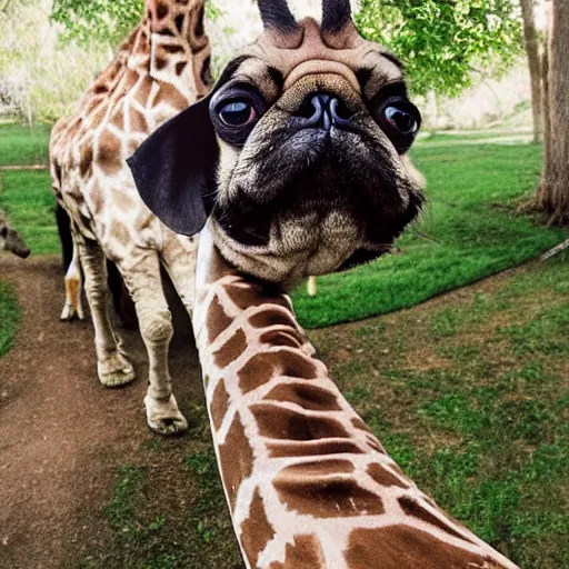 Image similar to a Giraffe-Pug Hybrid, A Giraffe that looks like a pug, huge tusks, afternoon hangout, good times photograph, candid