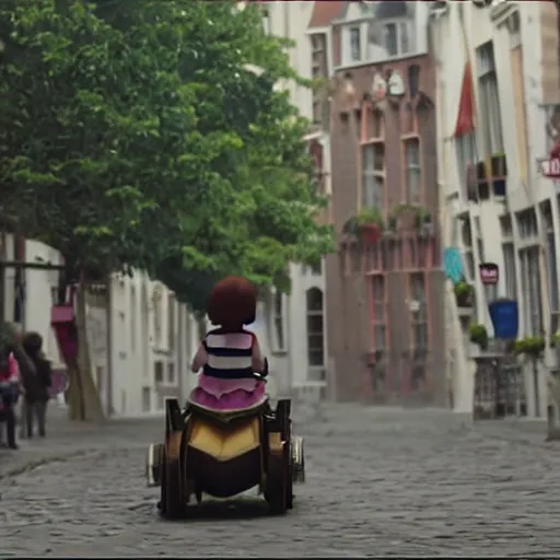 Prompt: A still of a little girl riding on top of a giant tortoise through the streets of Bruges, from the Miyazaki anime movie