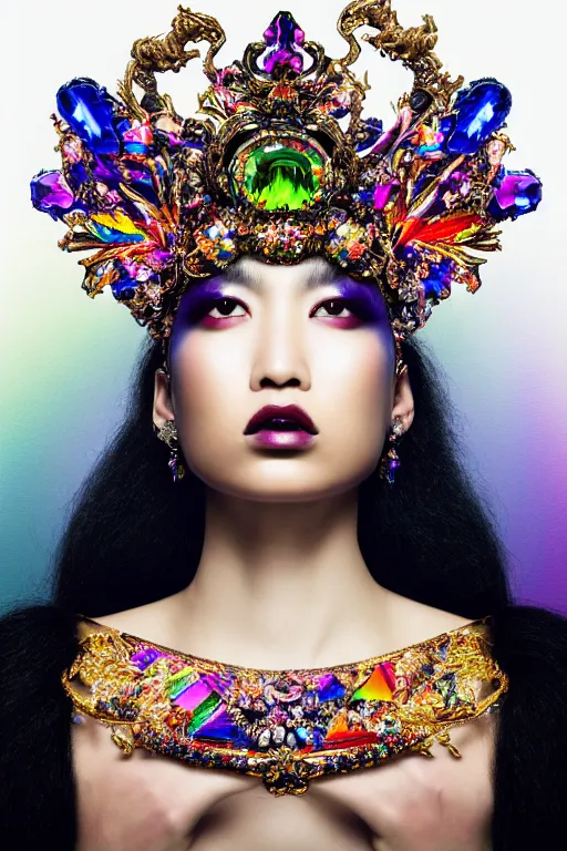 Image similar to a singular beautiful empress dramatic portrait, black hair, with a brilliant, impossible striking shiny big multi colored crystal headpiece, symmetrical, reflective surface, rainbow crystal clothes, rococo, baroque, jewels, asian, realistic, dramatic studio lighting, closeup, D&D, fantasy, intricate, elegant, highly detailed, digital painting, artstation, octane render, 8k, concept art, matte, sharp focus, illustration, art by Artgerm and Greg Rutkowski and Alphonse Mucha