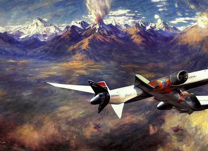 Prompt: illustration of the chilean coup d'etat of a plane flying at full speed between buildings in futuristic santiago de chile with the andes mountain range in the background in a dystopian future by john berkey and monet