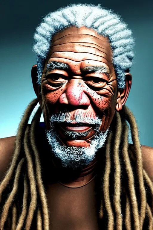 Image similar to a very detailed portrait of a old African man, Morgan Freeman, with dreadlocks, biotech, machine, photorealistic, highly detailed rendering with a cyberpunk style_ robotic arms, dramatic cinematic lighting