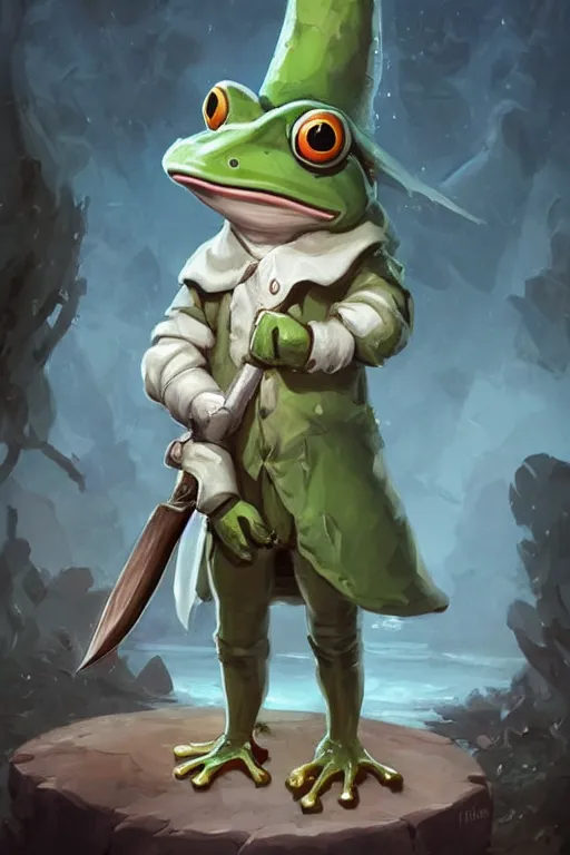 Image similar to cute anthropomorphic frog wearing a white butcher coat with a butcher hat and holding a cleaver knife ,tiny, small, miniature frog, baby animal, short, pale blue armor, cute and adorable, pretty, beautiful, DnD character art portrait, matte fantasy painting, cgsociety Artstation, by Jason Felix by Steve Argyle by Tyler Jacobson by Peter Mohrbacher, cinematic lighting