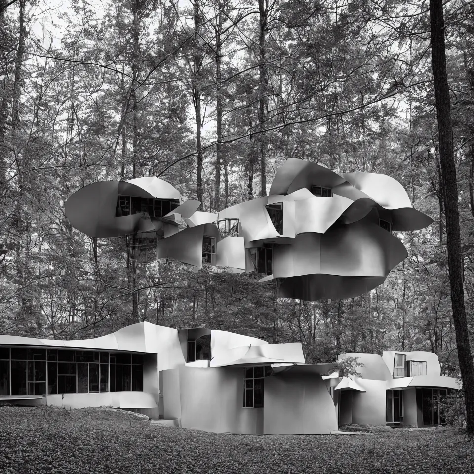 Image similar to architecture ad for a mid-century modern house in the middle of the forrest, designed by Frank Gehry. Film grain, cinematic, grayscale, yellow hue