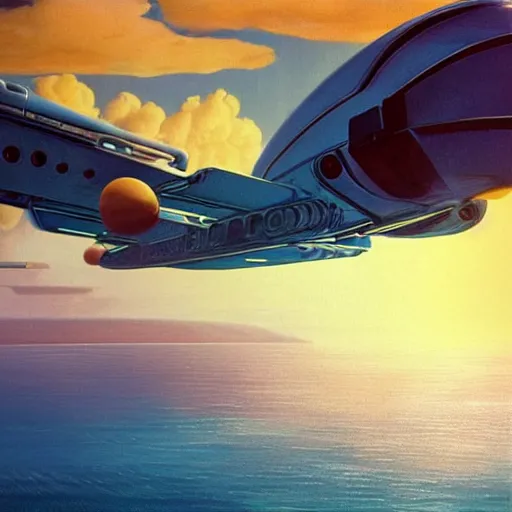 Image similar to beautiful matte painting of golden shores of a blue dreamy ocean, heavenly island in the clouds floating above the ocean, spaceship flying by, sci - fi, daylight, blue sky, cinematic lighting, cinematic perspective, syd mead, john harris, federico pelat