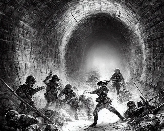 Image similar to Soldiers in despair in a world war 1 tunnel, black and white, amazing digital art, hyper detailed, artstation, in the style of Tony Sart