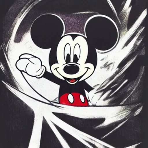 Image similar to Mickey Mouse with a malevolent smile, Yoji Shinkawa, Manga art, style of Ink