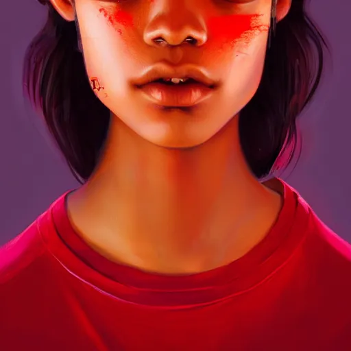 Prompt: colorful and festive captivating teenager with straight brown hair covering his eye, dark skin, big lips, big eyes, wearing a red t - shirt. rich vivid colors, ambient lighting, dynamic lighting, 4 k, atmospheric lighting, painted, intricate, highly detailed by charlie bowater