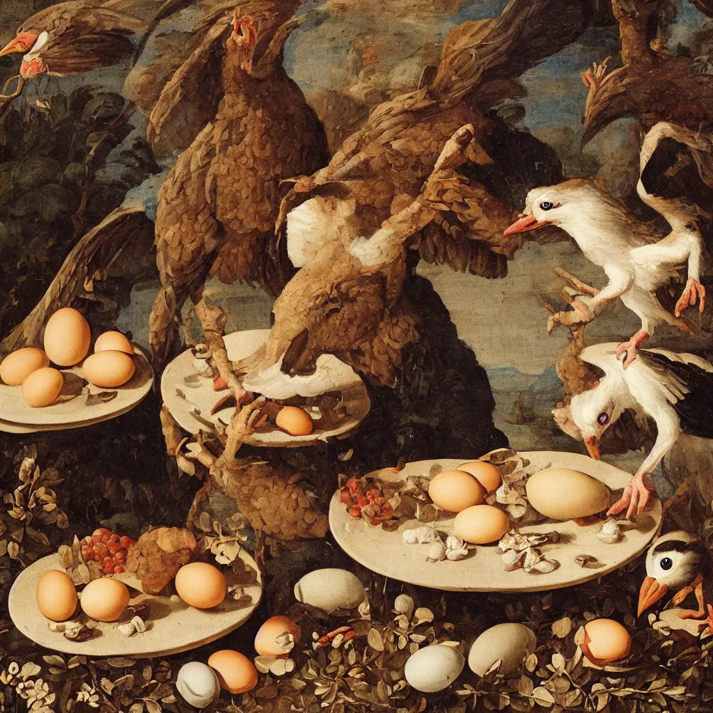 Prompt: a goblin bird with a plate of eggs and cookies, renaissance painting,