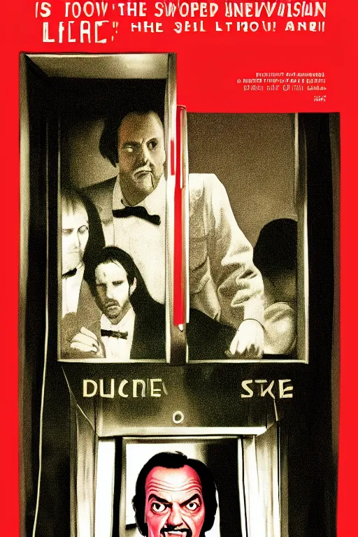 Image similar to a movie poster for the film the shining featuring a prominent portrait of jack nicholson and a stylised elevator in the style of wes anderson.