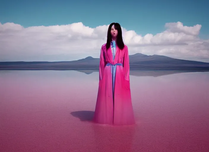 Prompt: lee jin - eun in luxurious dress emerging from pink and turquoise water in salar de uyuni with the ground reflecting the eclipse by takato yamamoto, nicola samuri, conrad roset, m. k. kaluta, martine johanna, rule of thirds, elegant look, beautiful, chic, face anatomy, cute complexion