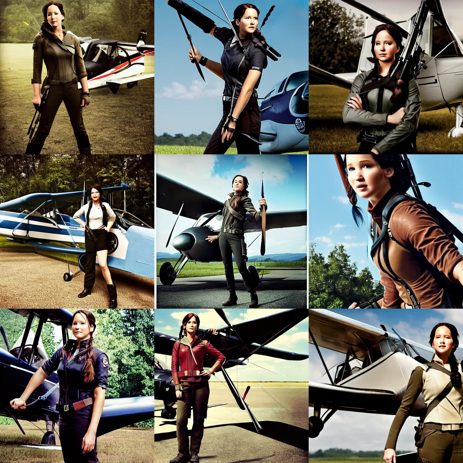 Prompt: ( katniss everdeen ) as a pilot, posing with her cessna plane, photography by annie leibovitz