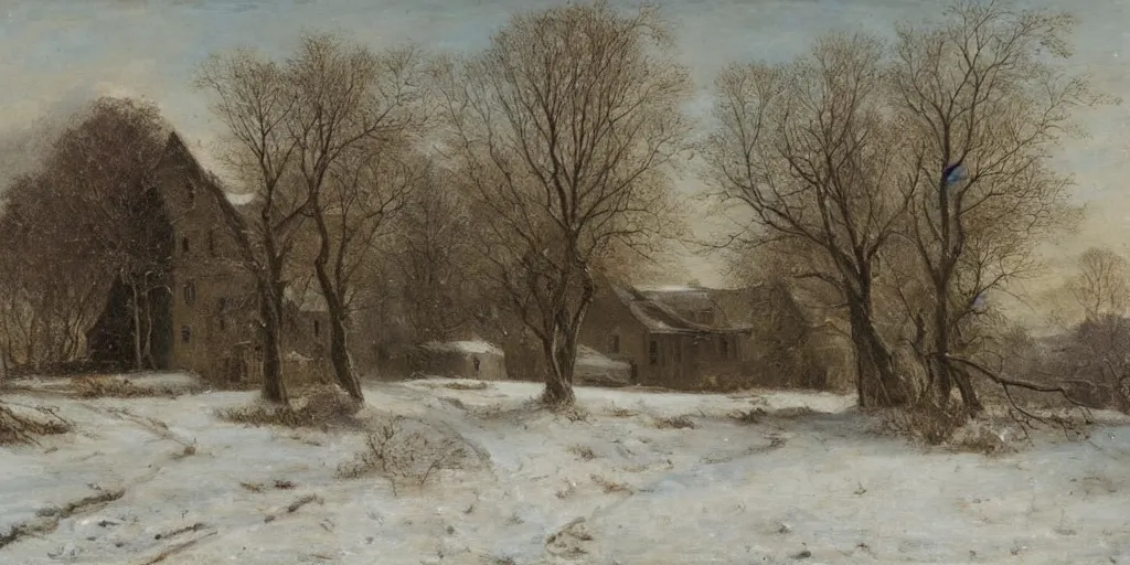 Image similar to a house during a severe winter, by george henry durrie, tree swaying, snow falling