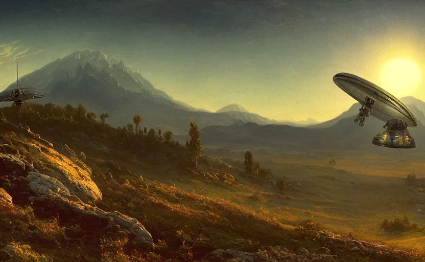 Image similar to crashed UFO on a hillside, close up shot, at dusk, distant mountains, 4k, rule of thirds, extreme detail, hazy, intricate ink illustration, trending on artstation, cgsociety, hd, calm, complimentary colours, realistic lighting, by Albert Bierstadt, Frederic Edwin Church.