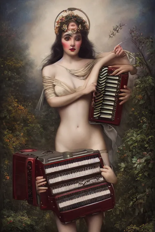 Image similar to the goddess of accordions, by tom bagshaw peter kemp