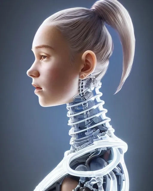 Prompt: weta disney pixar movie still head and torso portrait photo of young millie alicia bobby vikander brown with a white ponytail as thoughtful intricate detailed mechanical white plastic cyborg girl by pixar, by weta, wlop, ilya kuvshinov, rossdraws, artgerm, latex, iridescent, bright morning, anime, liosh, mucha