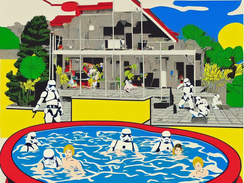 Image similar to hyperrealism composition of the japanese house with a hot springs in the garden, two detailed stormtroopers bathe in a hot spring, pop - art style, jacky tsai style, andy warhol style, roy lichtenstein style, round canvas, acrylic on canvas