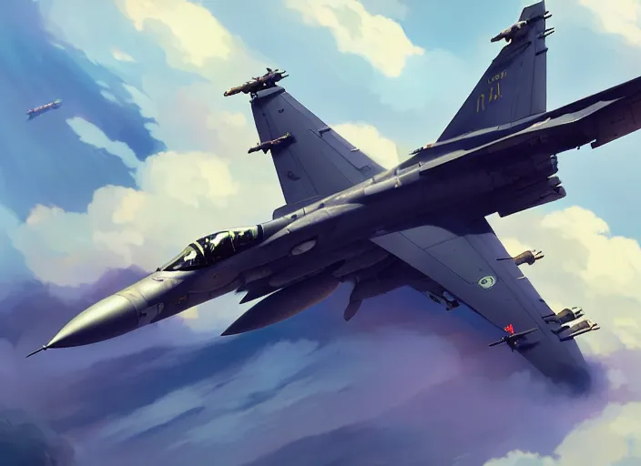 Prompt: portrait of figther jet evading, smoky sky background, lush landscape, illustration concept art anime key visual trending pixiv fanbox by wlop and greg rutkowski and makoto shinkai and studio ghibli and kyoto animation, us airforce, f 1 6, symmetrical mechanical features