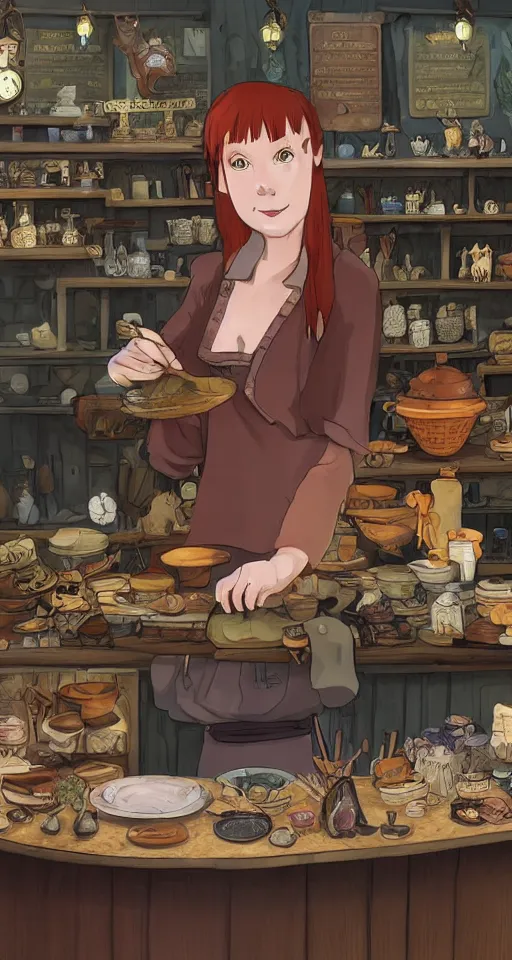 Image similar to close - up of a redhead seller at the counter in the small witch shop, with an owl, counter, cauldrons, potions, highly detailed, sharp focus, matte painting, by studio ghibli, by giovani magana, by rutkowsky,