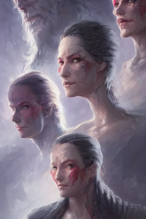 Prompt: triple faces blending into each other surrealism, d & d, fantasy, portrait, highly detailed, headshot, digital painting, trending on artstation, concept art, sharp focus, illustration, art by artgerm and greg rutkowski and charlie bowater