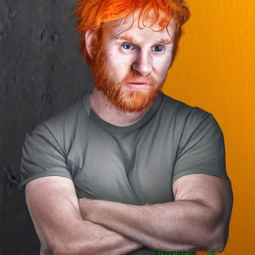 Image similar to portrait of an orange haired 3 8 - year old man with green eyes, a friendly squat face, digital art