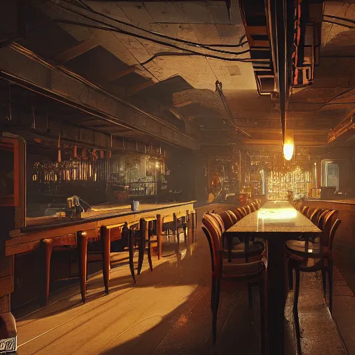 Image similar to Interior design Middle aged tavern in cyberpunk style by Moebius and Beeple. Very highly detailed 8K, Octane render