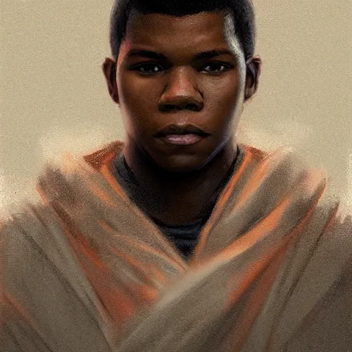 Image similar to portrait of a man by greg rutkowski, young jedi kinght that looks like john boyega, wearing jedi robes, star wars expanded universe, he is about 3 0 years old, highly detailed portrait, digital painting, artstation, concept art, smooth, sharp foccus ilustration, artstation hq