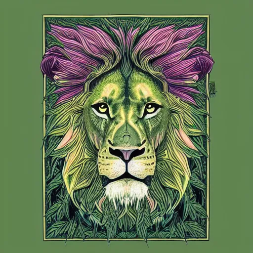 Prompt: a green lion made of weed Intricate ultradetailed illustration by Dan Mumford,trending on artstation