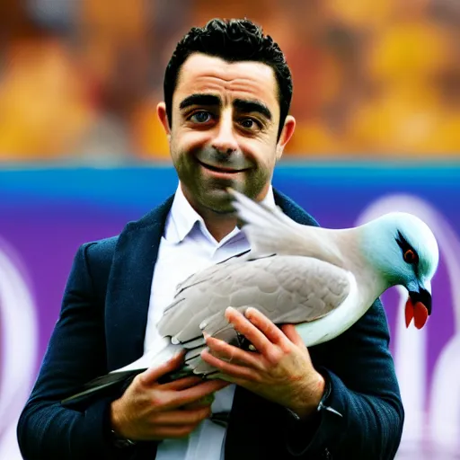 Prompt: High quality front photo of Xavi Hernandez holding a pigeon in his arms