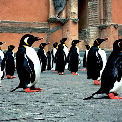 Image similar to penguin conquistadors visit rome