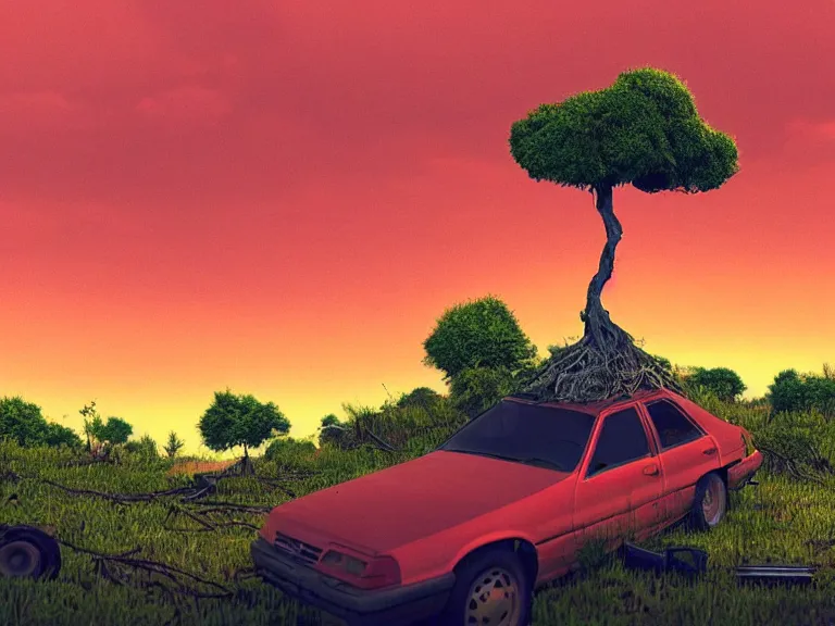 Image similar to low angle shot of tree growing inside scrap car in the foreground. overgrown. soft golden red sunset over the mountains in the background. clouds. detailed leaves, the style of 1 9 9 0's cg graphics against the cloudy night sky, lsd dream emulator psx, 3 d rendered y 2 k aesthetic by ichiro tanida, 3 do magazine, wide shot